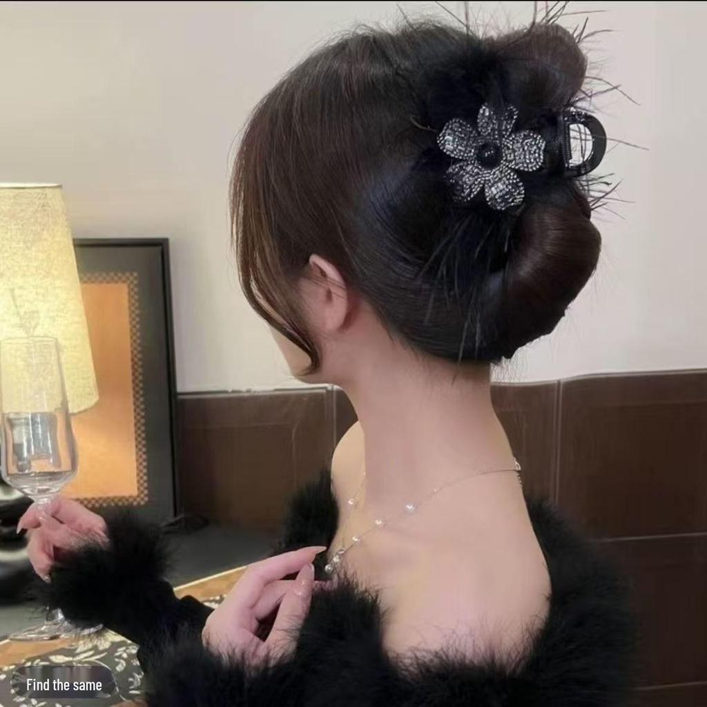 Elegant Rhinestone Feather Flower Hair Clip - Retro Versatile Shark Clip for Women