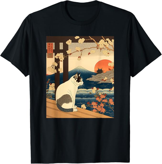 Ukiyo-e Art Kanagawa Vintage Japanese Tattoo Cat Graphic T-shirt