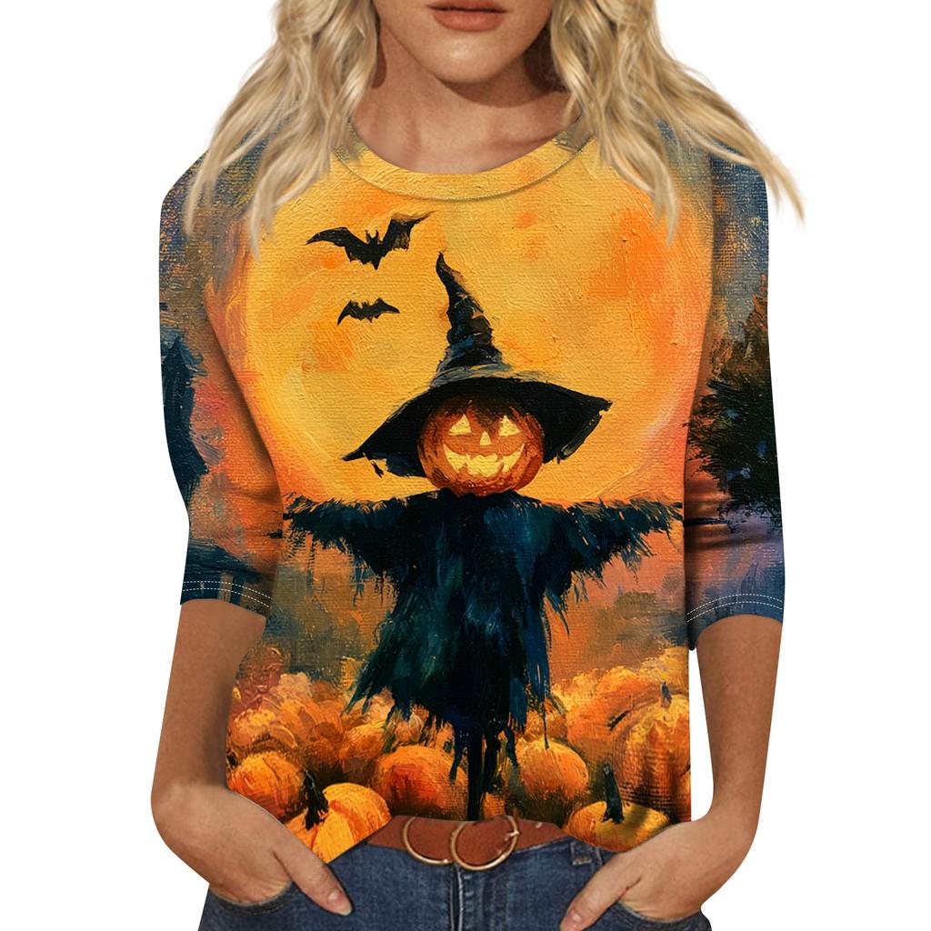 Women's Halloween Print Three-Quarter Sleeve Round Neck Casual T-Shirt Top