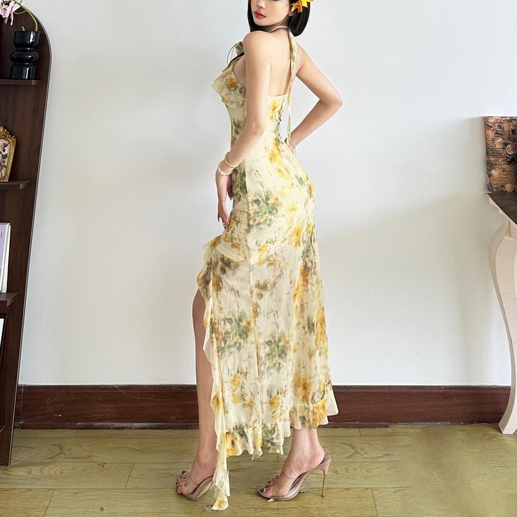 2026 Summer New European and American Women's Clothing Fashion Irregular Split Neck Strap Sleeveless Flower Dress