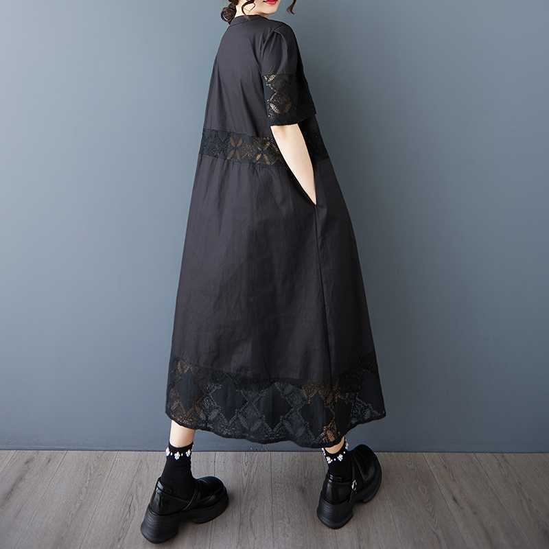 Damen Spitzen-Ausschnitt Patchwork Kleid, Modisches lockeres Hemd, Langer Rock