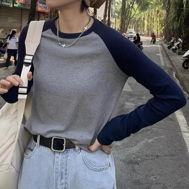 

Women s Retro Colorblock Raglan Slim Knit Top - Sweet & Spicy Long Sleeve Shirt серый/тёмно-синий