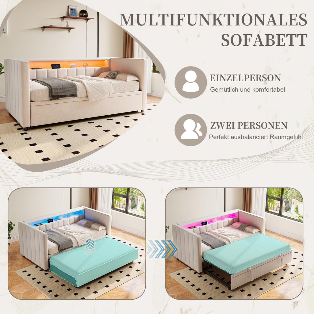 Sofá cama multifuncional 90x190 cm con cama extraíble, puerto USB-C, ambiente LED, funda de terciopelo – para salón, habitación de invitados o habitación juvenil. Beige