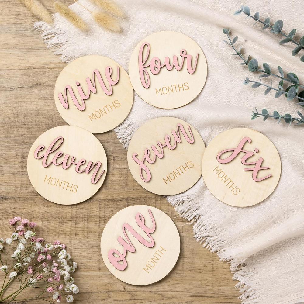 Newborn Baby Milestone Number Monthly Commemorative Card, Double-sided Wooden Monthly Milestone Card Photography Birth Gift