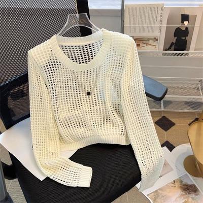 Women's Mesh Hollow Out Knitted Pullover Early Autumn Solid Color Fashion Short Tops Long Sleeve O-neck Casual Sweater