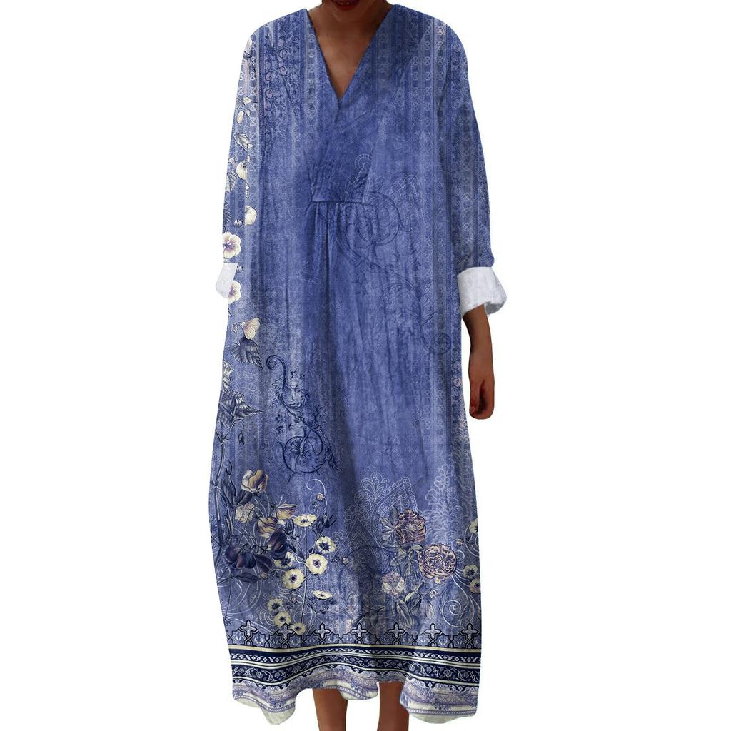 Women's Casual And Fashionable V-Veck Printed Long Sleeved Dress Long Sleeved Dress