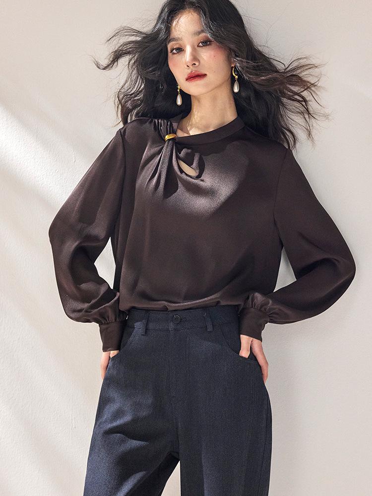 

Spring 26: New High-End Fashion Pleated Satin Drape Top Large темный кофе