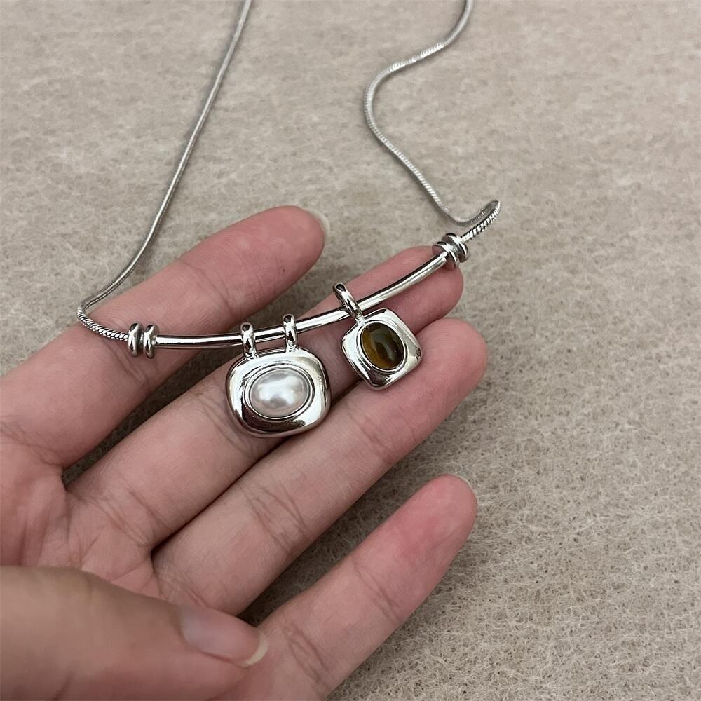 Imitation Pearl Tigereye Stone Pendant Necklaces Geometric Collarbone Necklace Women