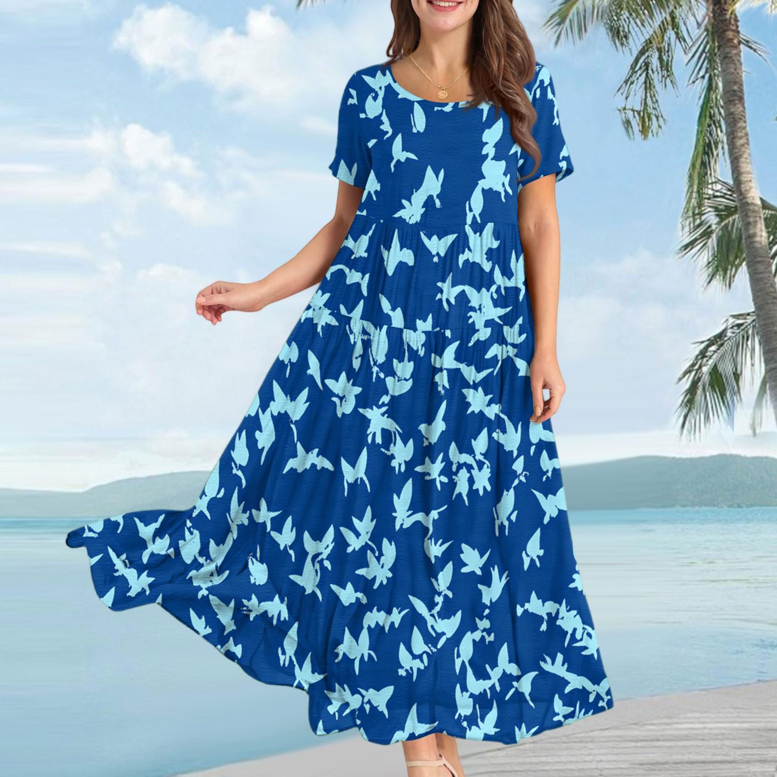 Women s Casual Loose Bohemian Floral Print Short Sleeve Dress L синий