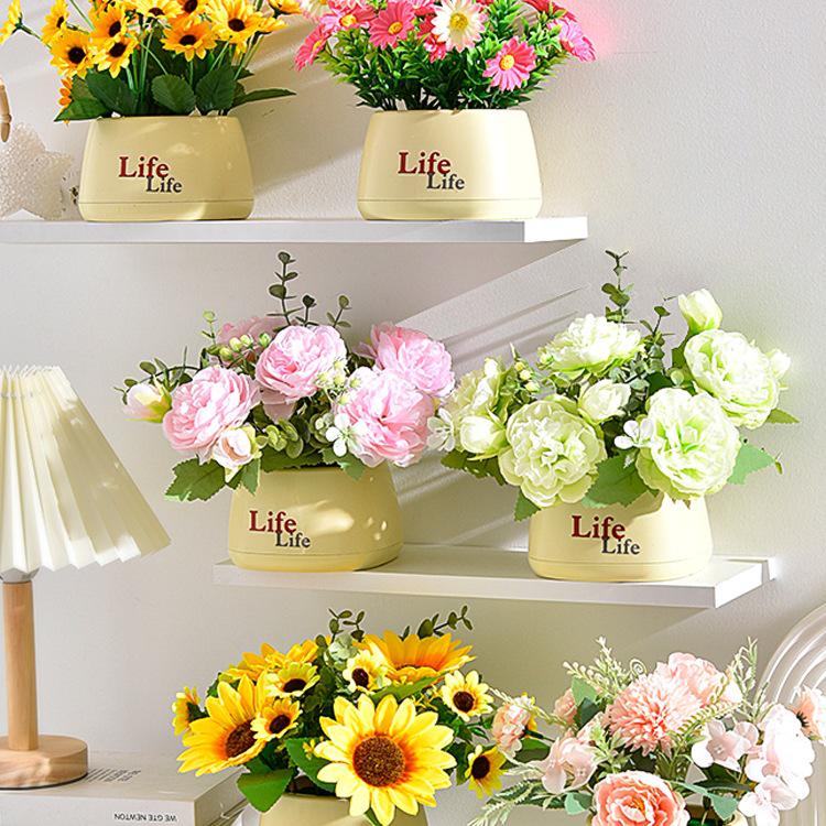 Sunflower Artificial Flower Arrangement - Small Bonsai Plastic Bouquet for Living Room or Dining Table Decor
