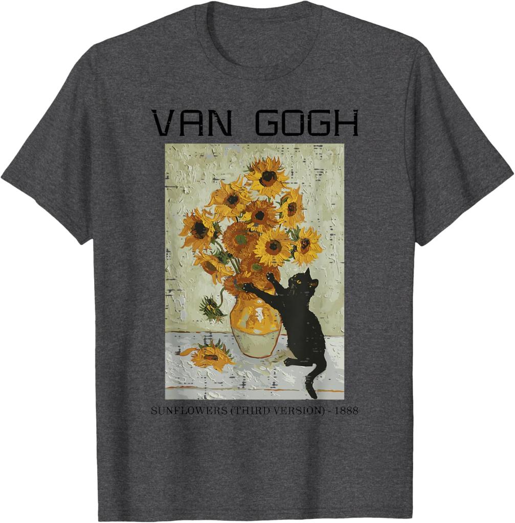 Van Gogh Sunflowers Cat Black Cat Art Graphic Tee Casual Short Sleeve TShirt for Men Women