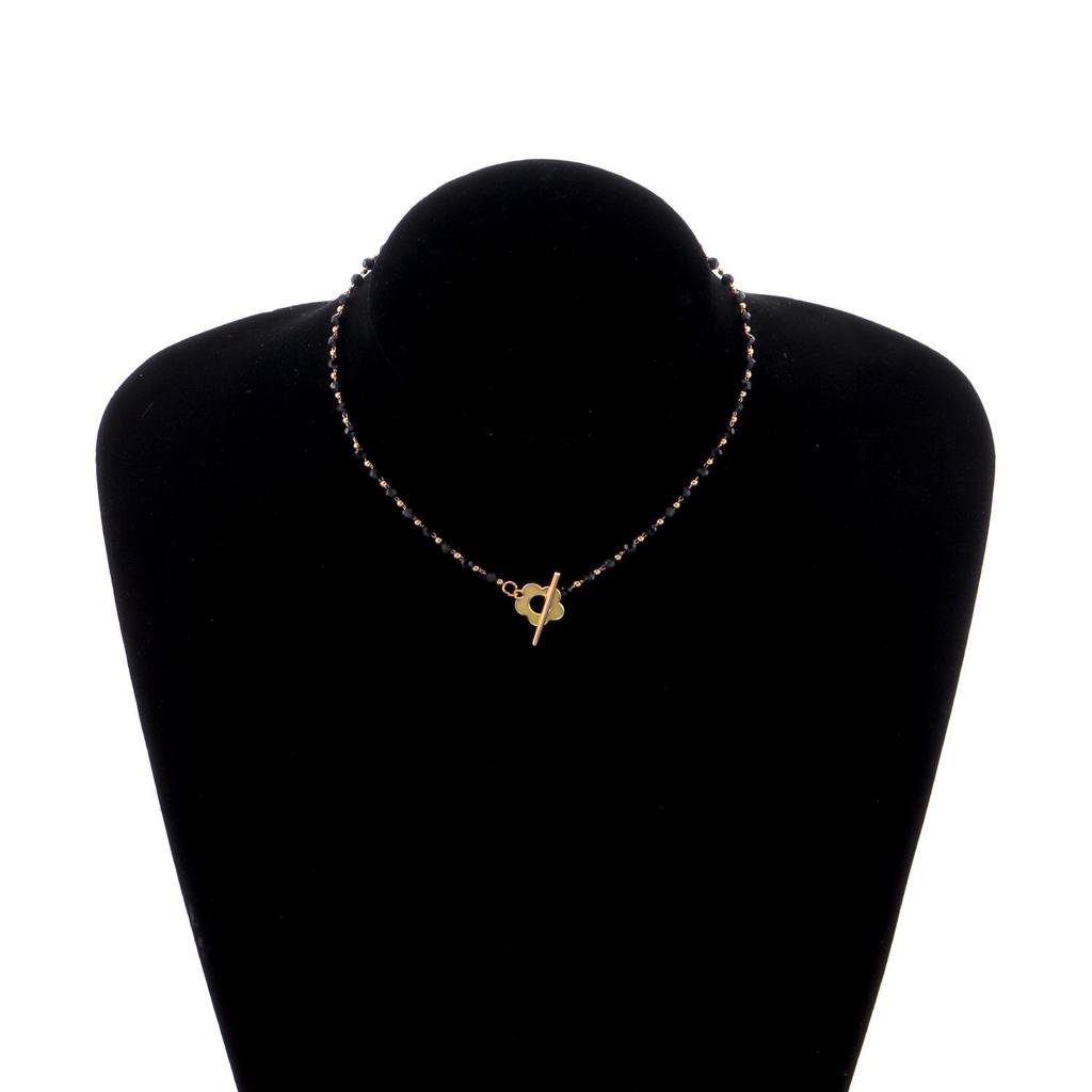 Collier de perles en verre cristal noir avec pendentif fleur et fermoir OT
