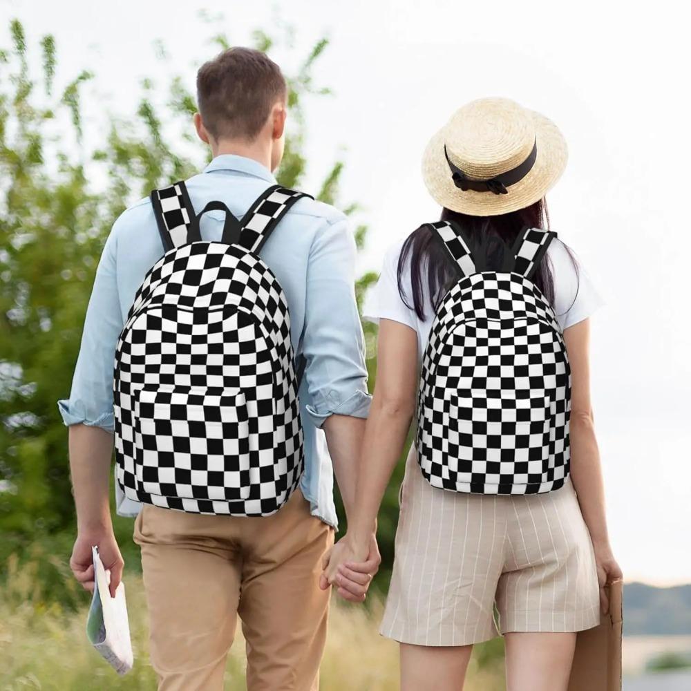 Einfacher Schwarz-Weiß karierter Rucksack Leichte Leinwand-Schultasche für Mädchen Jungen