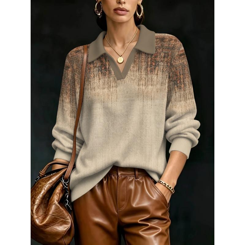 2026 New Women's Loose Printed Faux Wool Knitted Pullover Retro Gradient Textured Lapel Lazy Style Top