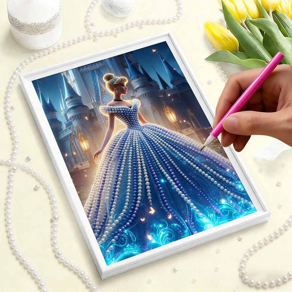 Disney Pearl Painting Cinderella Blue Dress Castle Back View Creative Exquisite Landscape Sparkling Painting Craft Home Wall DecorationDIYHandmadeGift
