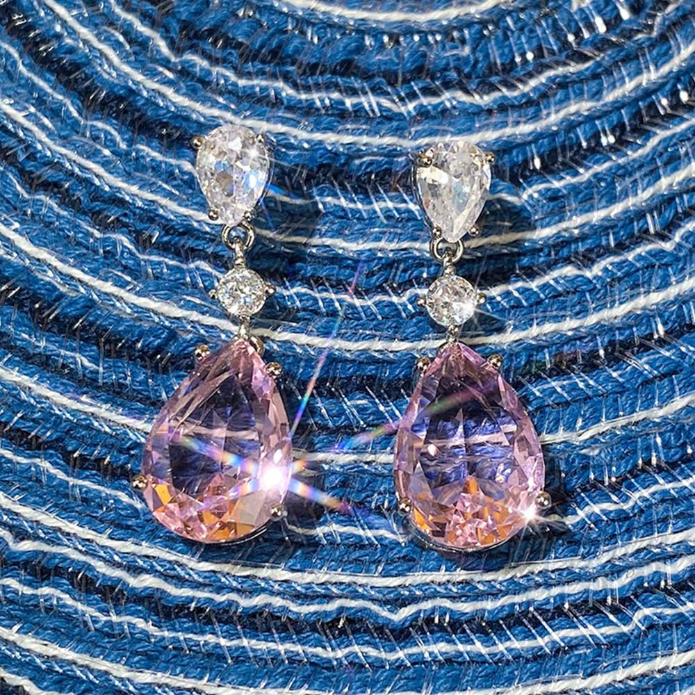 Sweet pink colored treasure zircon stud earrings, summer new pear-shaped water drop earrings, light luxury and elegant earrings for women