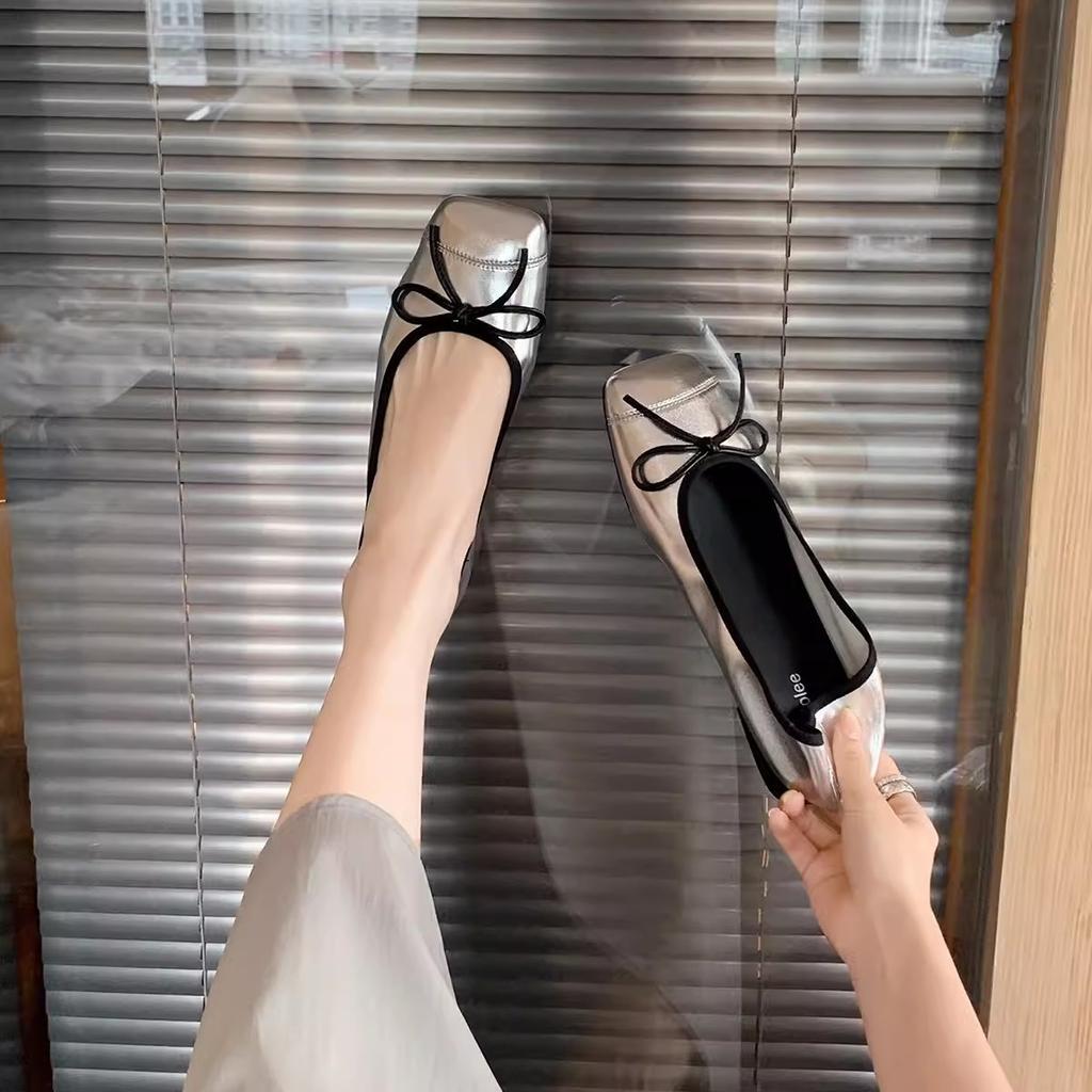 Sheepskin version~ genuine leather French retro flat-bottomed ballet shoes women's head pedal bow single shoes grandma shoes