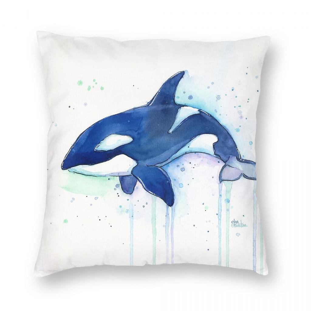 Killer Whale Orca Watercolor Square Pillowcase Polyester Linen Velvet Pattern Zip Decor Throw Pillow Case Home Cushion Cover