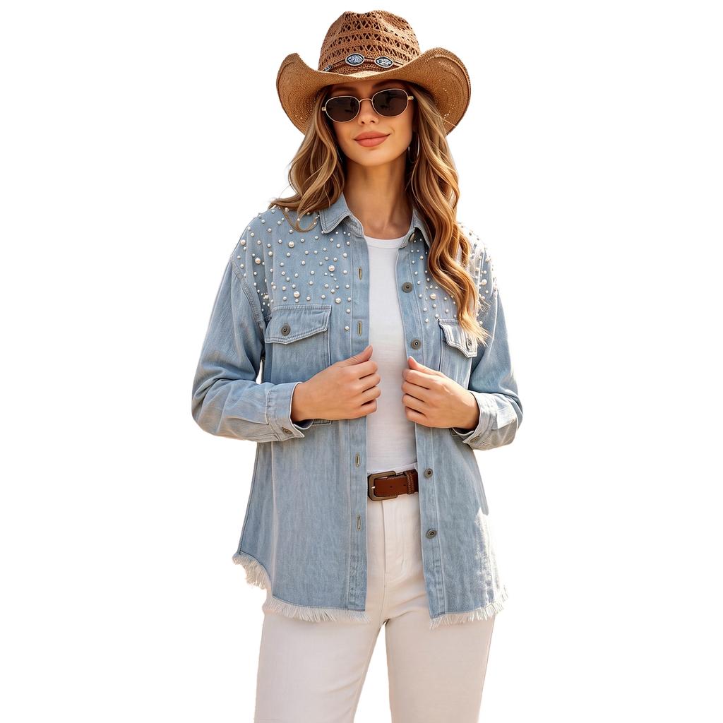 Women's Long Sleeve Denim Jacket with Lapel Collar, Beaded, Cargo Pockets and Hem