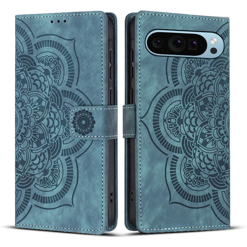 

For Google Pixel 9 Pro XL Leather Case WANLONFENG HDM Series Mandala Imprint Wallet Stand Phone Cover Blue