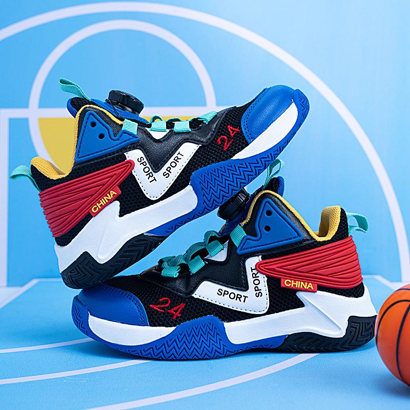 Boys Basketball Shoes Rotary Buckle Mesh Teen Children's Sneakers Boys' Shoes Breathable Boys Outdoor Training Shoes