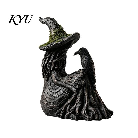 Mysterious Forest Spirit Statue Luminous Witch & Raven Figurine with Mossy Tree Texture, Resin Gothic Handmade Dark Fantasy LED Light for Halloween