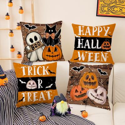 New Halloween Throw Pillow Cover, Festive Atmosphere Arrangement Cushion Cover, Short Plush Pumpkin Print Sofa Cushion