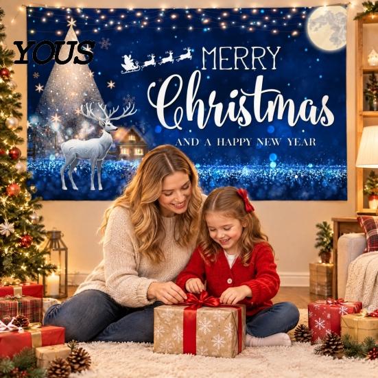 Decorative Holiday Fabric Christmas Banner, 71x43 Inches Santa Sleigh Reindeer Snowman Backdrop for Winter Wonderland Easy Install Door Banner