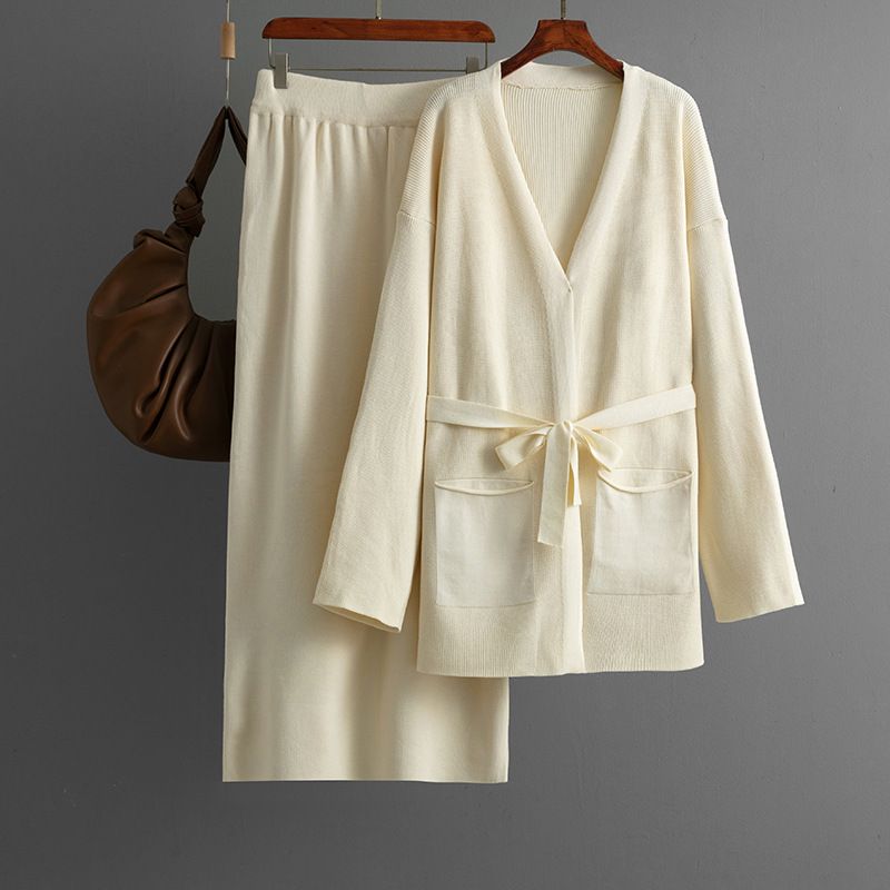 Fashion Set Women Autumn and Winter V-neck Loose Knitted Lace-up Cardigan Outerwear + Skirt Two-piece Set