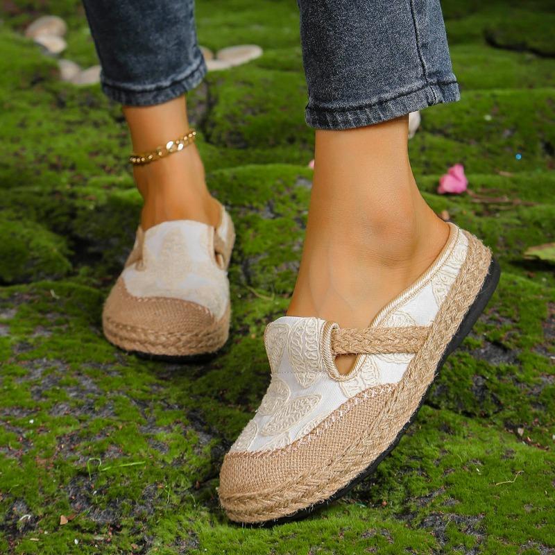 Chaussures d'été à enfiler pour femme, Espadrilles décontractées à bout rond style bohème en lin