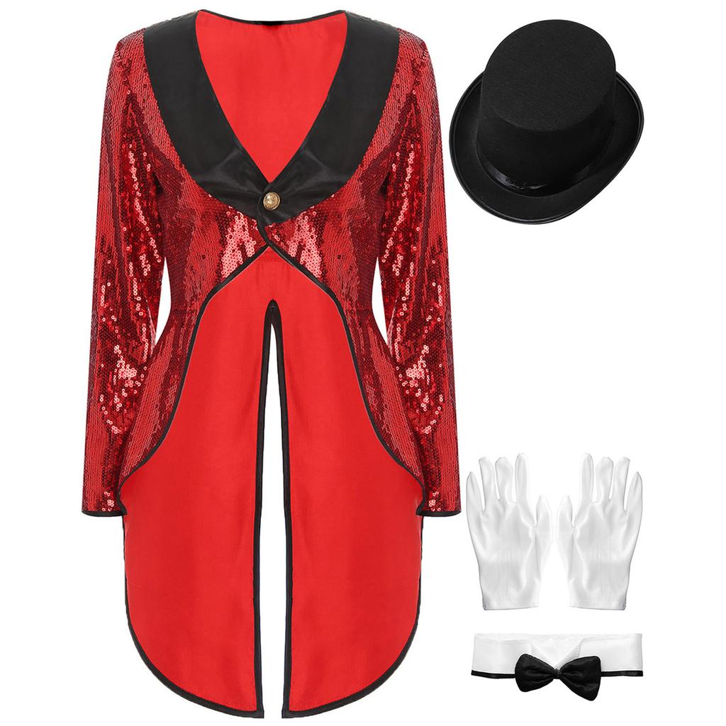Womens Magician Costume Set Long Sleeve One Button Patchwork Sequin Tailcoat Hat Bow Collar Gloves Halloween Cosplay