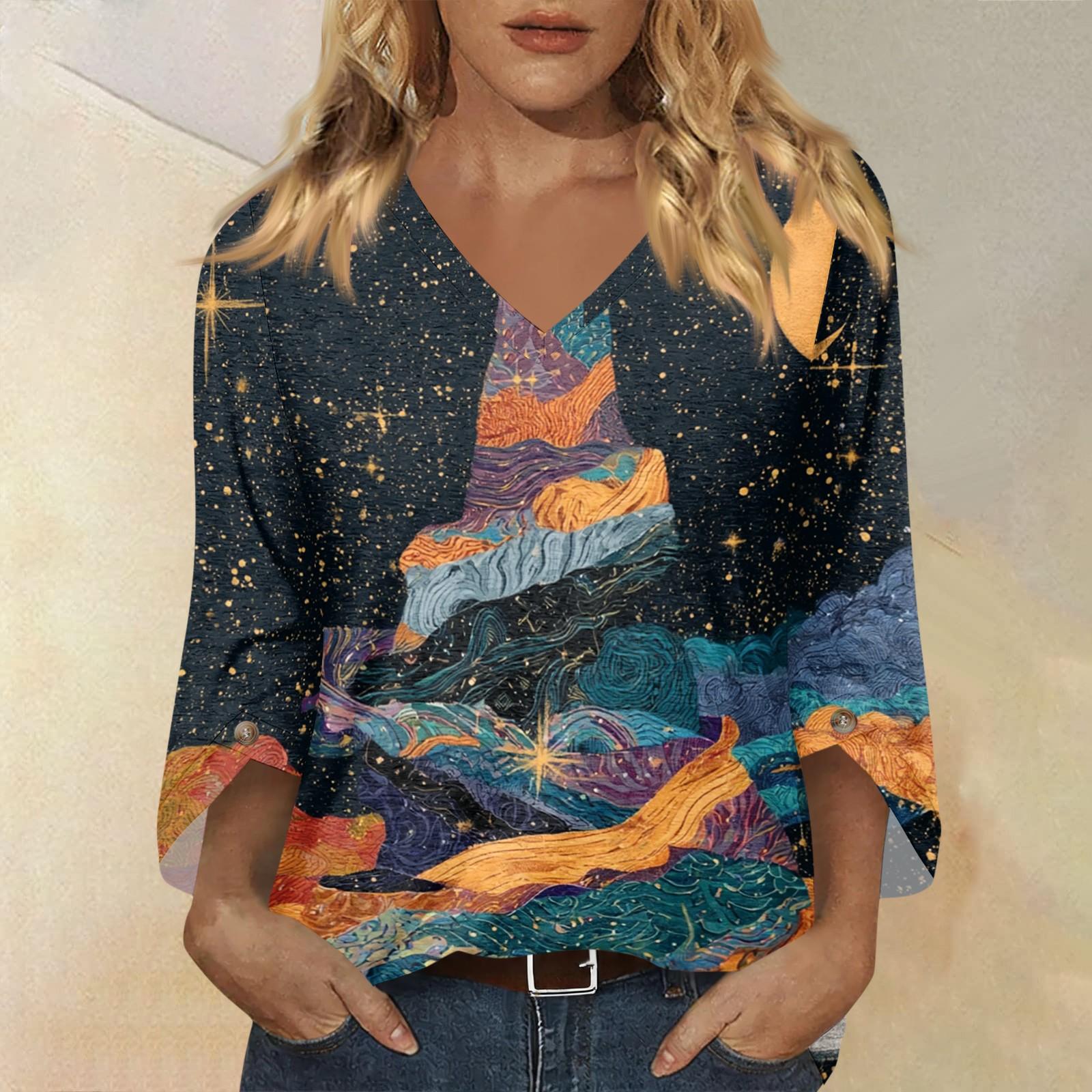 Women s Halloween Print V-Neck Three-Quarter Sleeve Blouse for Casual Wear S