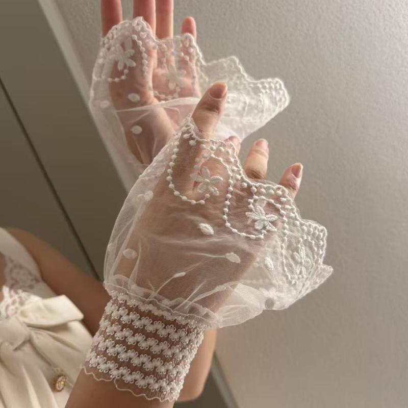 Sheer Embroidered Fingerless Wrist Cuffs Pair for Women, Lace Sleeves with Flared Cuff for Weddings and Photo Styling Use