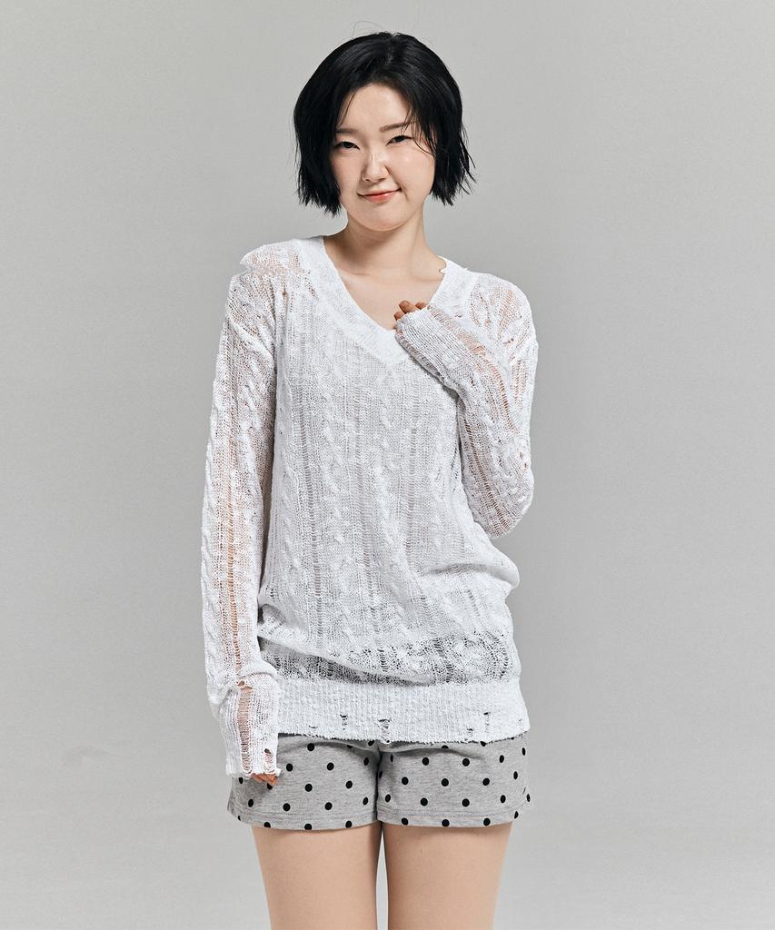 AWESOME STUDIO Distressed See-Through Long Sleeve Knit White