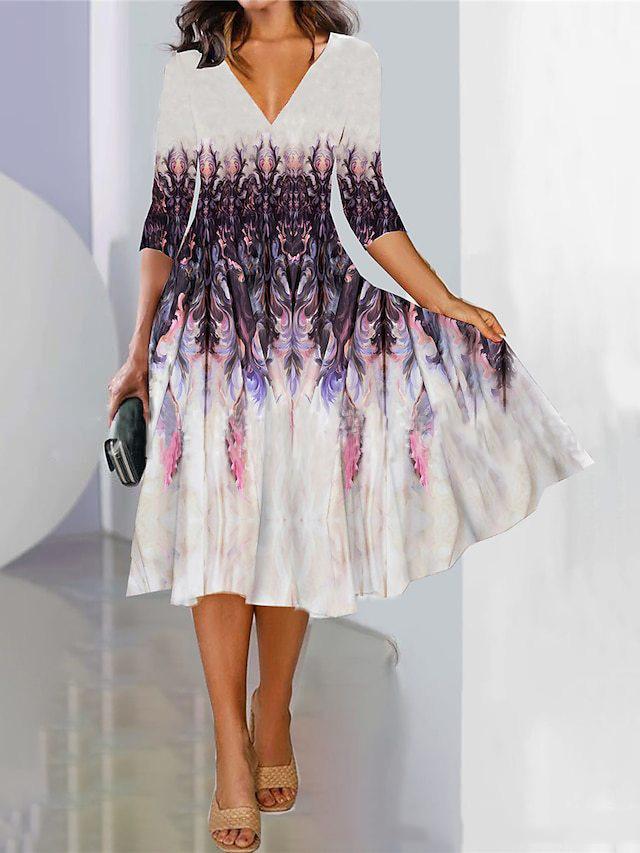 Women Spring Summer Flower Pattern Print V-Neck High Waist Casual Dresses