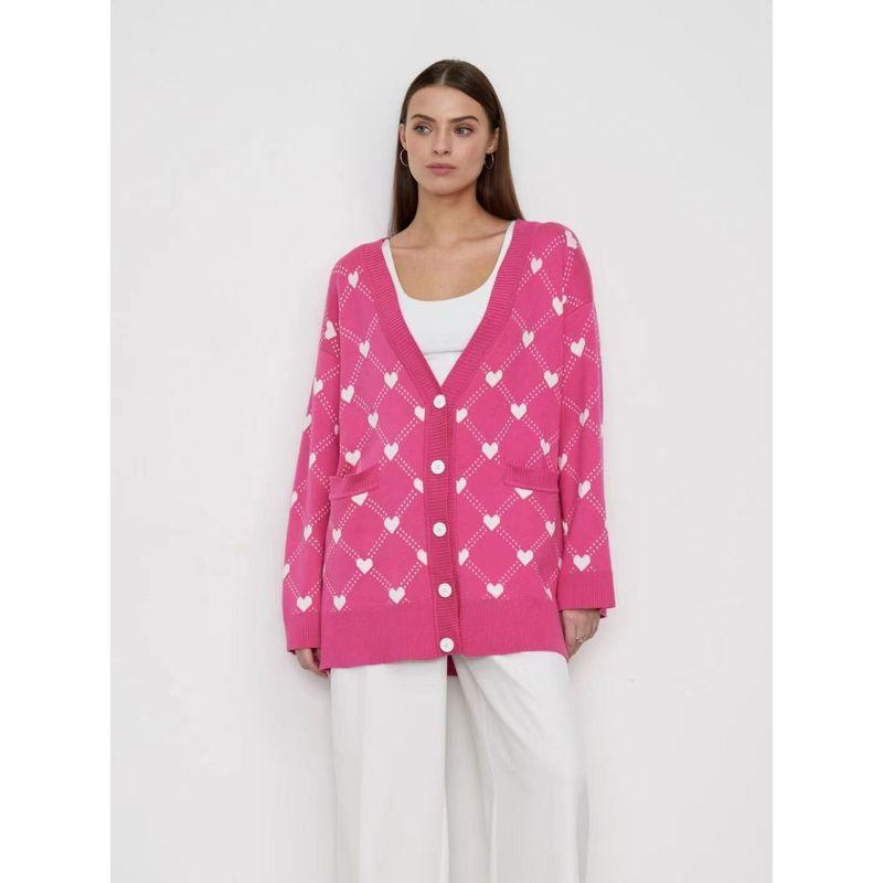 

Fashion Single Breasted Silm Heart Jacquard Cardigan Knitting Sweater Love Cardigan Knit Sweater Rose White Heart S