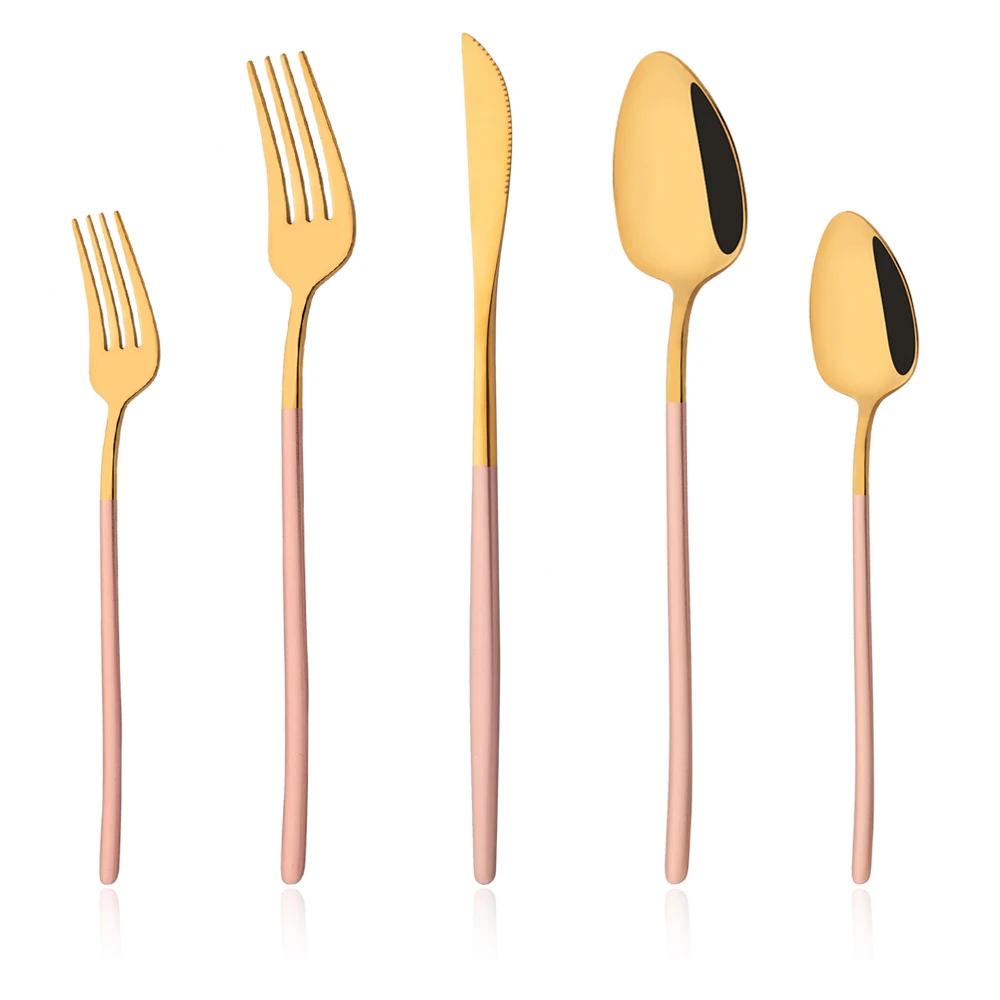 5Pcs White Gold Cutlery Set Stainless Steel Tableware Knife Dessert Fork Spoon Dinnerware Set Kitchen Flatware Silverware