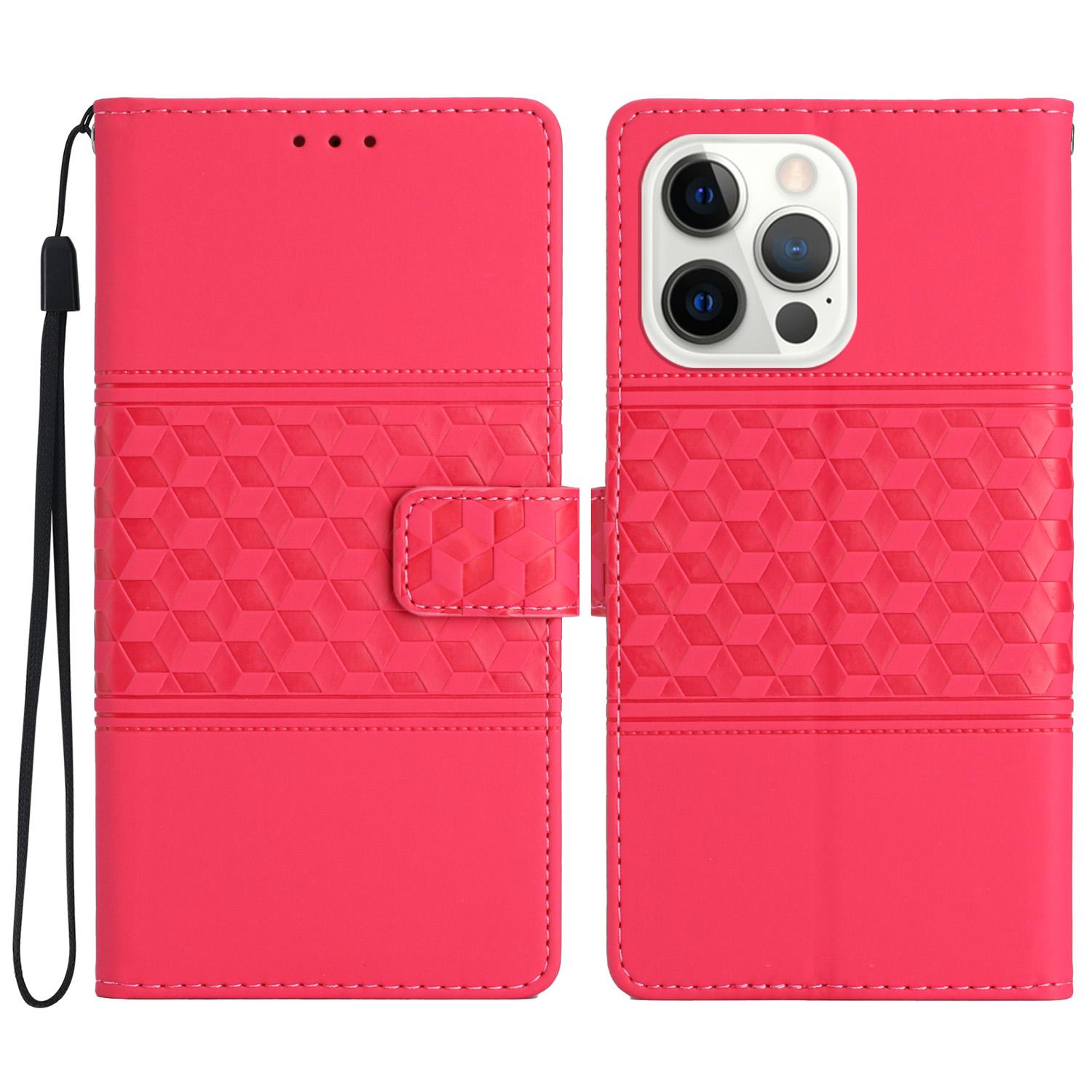 

For iPhone 16 Pro Case with Card Holders Stand Flip Rhombus Pattern PU Leather Phone Cover Rose