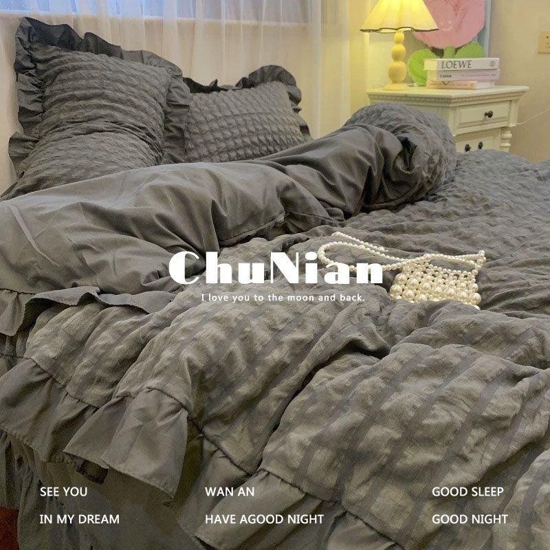 

Пододеяльник INS для девочки, синий однотонный, сеерсакер, оборки, кружево, постельный комплект каваий, мягкая простыня, пододеяльник, наволочки Flat Bed Sheet&Single150x200 3pcs