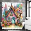 Cartoon Watercolor House Tree Flower Shower Curtain, Bathroom Decorative Shower Curtain, Waterproof Shower Curtain with Hooks