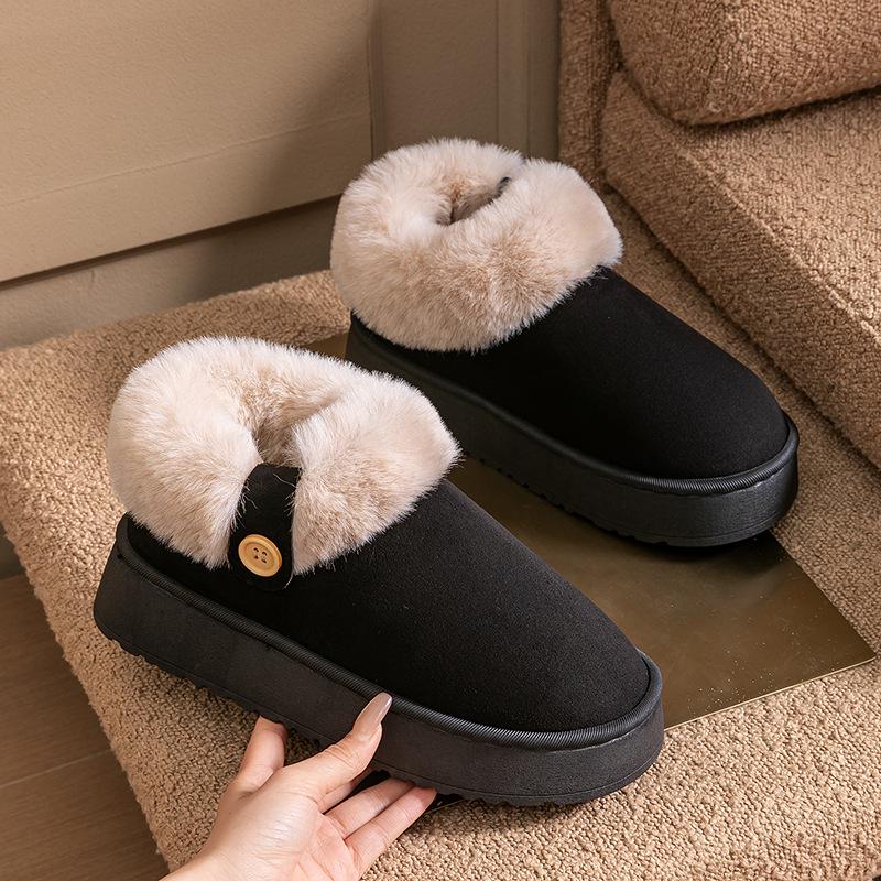 Non-Slip Thick-Soled Plush Cotton Slippers with Heel for Couples - Cozy Autumn/Winter Indoor Shoes