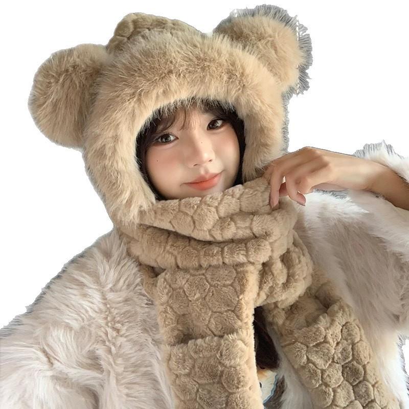 New Winter Bear Hat Girl Windproof Scarf Gloves Plus Velvet Bike Warm Artifact Integrated with Cold Protection