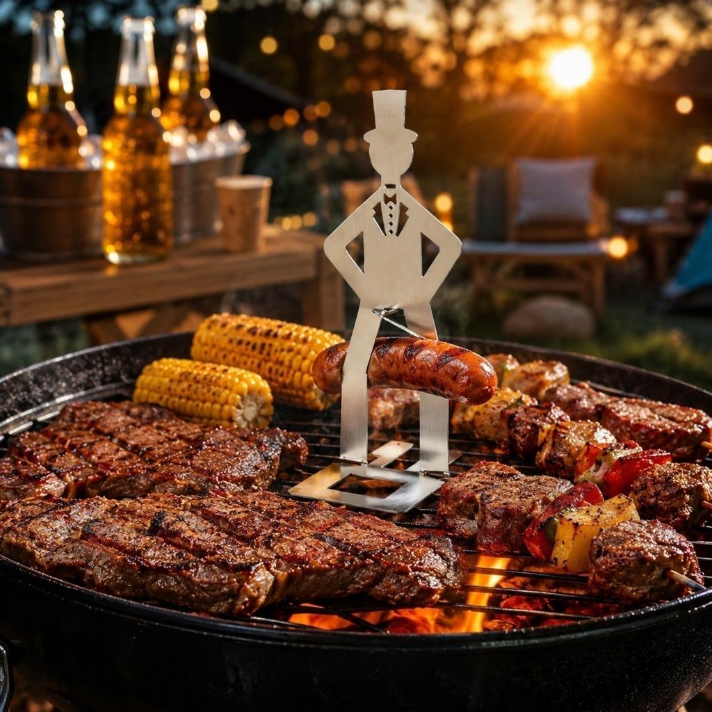Stainless Human Shape Sausage Holder for BBQ Grill, Hot Dog Roasting Rack for Outdoor Cooking