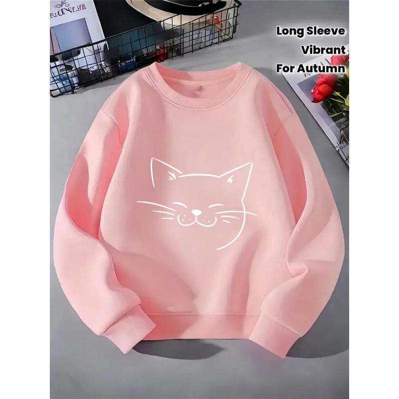Kids Sweatshirt Crewneck Sweatshirt - White Cat Face On Dark Fabric Machine Washable, Spring And Autumn, Sportswear ,Casual Wear, Soft And Comfortable