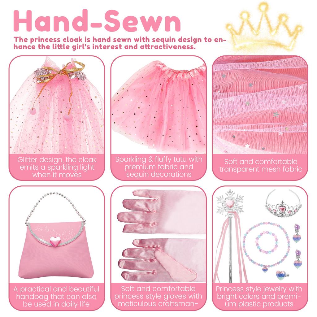 Princess Dress up Set Easy Wearing Glittering Girl Cape Skirt Necklace Role Play Game Birthday Cosplay Party for Cosplay Party