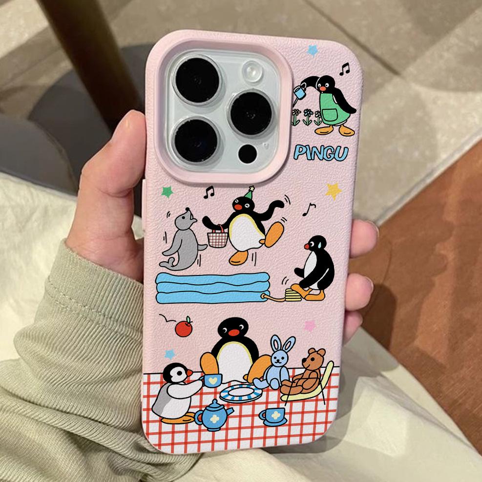 Cartoon Cute Penguins Lichee Leather Pattern Phone Case For Samsung S26 S25 S24 S23 S22 S21 S20 S10 Plus FE Ultra 4G 5G
