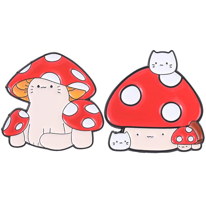 Cat Mushroom House Enamel Pins Kawaii Red Spotted Character Brooches Forest Lapel Badges Fungi Jewelry Gift for Friends