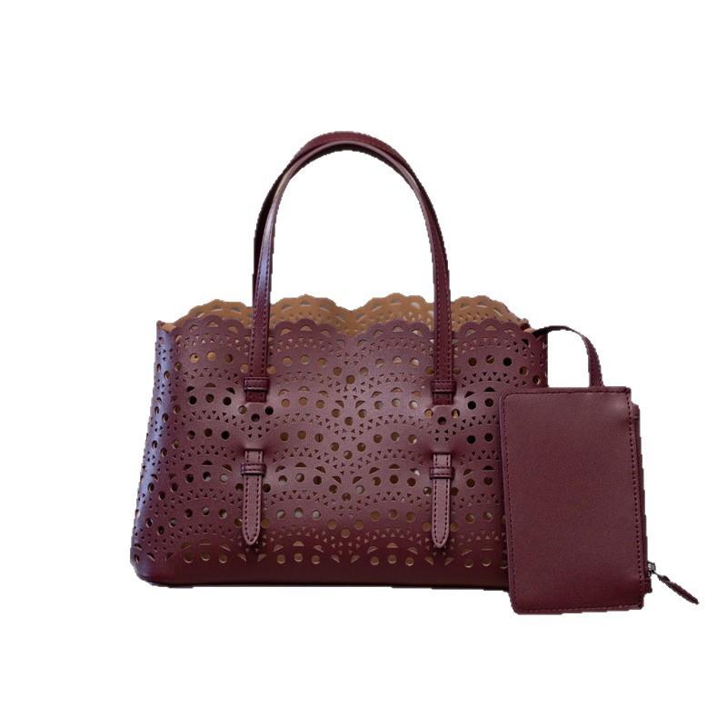 2026 Genuine Leather Women's Bag Tote French Hollowed-out Carved 25 Portable Cross-body Lazy Vegetable Basket