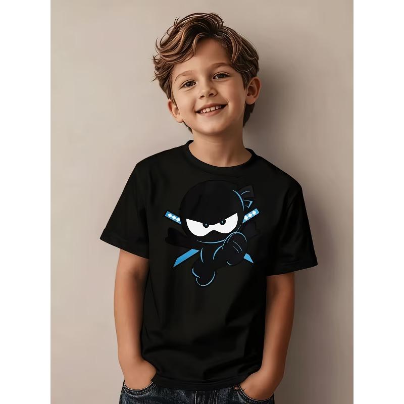 European sizes Ninja-Themed T-Shirt for Boys Featuring a Silhouette Design of a Ninja with a Black And Blue Mask And Sword - Short-Sleeved Casual Top 98cm чёрный