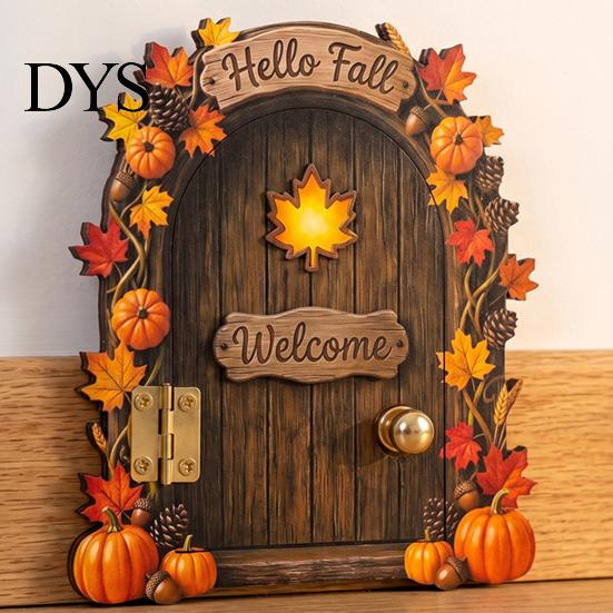 Fall Home Decor Accents Elf Wooden Door Halloween Decor, 2D Fairy Mouse Miniature Wall Rustic Autumn Shelf Hanging, Ornament for Home, Thanksgiving